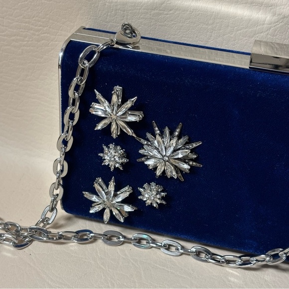 White House Black Market Royal Blue Velvet Clutch with Glass Crystal Flowers - Picture 3 of 7